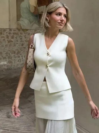 TRAF Women Knit Vest Tops Sweater Women's Sleeveless Vest Knitwears Knitted Vest Autumn Cardigan Red White Black Female Vest