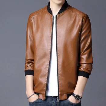 2025 Men Jacket Smooth Faux Leather Spring Jacket Solid Color Elastic Cuff Men Coat Slim Stand Collar Cardigan Jacket Daily Wear