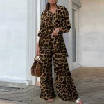 Fashion Leopard Print Pant Sets For Women 2024 Autumn Winter Wide Leg Pant Two Piece Sets Casual Loose Long Shirts Oufits