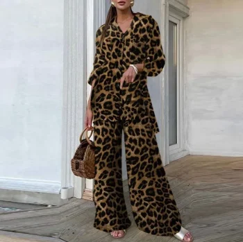 Fashion Leopard Print Pant Sets For Women 2024 Autumn Winter Wide Leg Pant Two Piece Sets Casual Loose Long Shirts Oufits