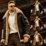 Mens Large Size Dull Polish Velvet Plain Composite Leather Jacket Thick Warm Zipper Plush Woolen Faux Fur Collar Coat Male S-5XL