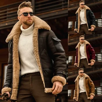 Mens Large Size Dull Polish Velvet Plain Composite Leather Jacket Thick Warm Zipper Plush Woolen Faux Fur Collar Coat Male S-5XL