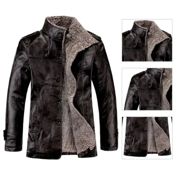 Fashionable Men Jacket Warm Solid Color Faux Leather Long Sleeve Men Coat Winter Jacket Cardigan
