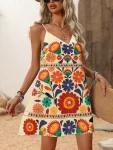 Women's flower print vacation relaxed atmosphere comfortable and breathable V-neck suspender dress
