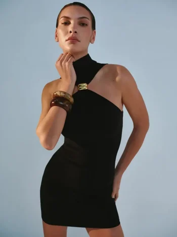 XIAOTANG Summer Sleeveless Sexy Mini Dress Women Fashion Metal Ring Turtleneck Off-shoulder Strapless Club Party Dress Y2k