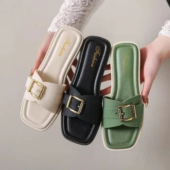 Fashionable Flat Sandals Women's Summer Outdoor Wear Versatile Beach Shoes Leisure PVC Material Square Buckle Design