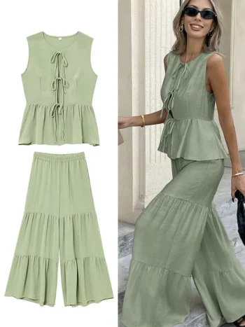 TRAFZA Women Elegant Solid Pants Sets O-Neck Bow Lace-up Tank Tops Loose Casual Flare Pant Trousers Summer Office Lady Outfit