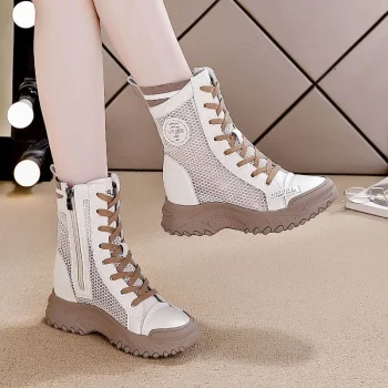 2024 New Fashion Women's Spring Summer Boots Mid-calf Increased Heel Short Breathable Thin Hollow Out Casual Boots