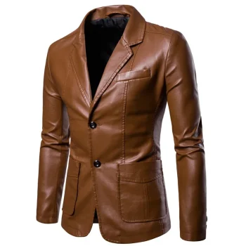 2024 Men's Leather Jackets Lapel Business Pu Blazers Men Solid Casual Slim Button-up Leather Coats Autumn Outwear Plus Size 6XL