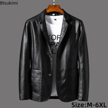 2025 New Leather Jacket Men's Business Casual Lapel PU Leather Blazers Fashion Solid Slim Korean Style Leather Coat Big Size 6XL