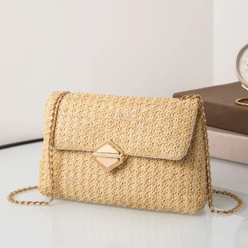 Straw Hand-woven Women's Shoulder Bag Fashionable Solid Color Lock Woven Crossbody Bag Simple Versatile Chain Small Square Bag