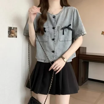 New Style for Women's French Bow Short-sleeved Denim Shirt Fashionable Trendy Design Short Top