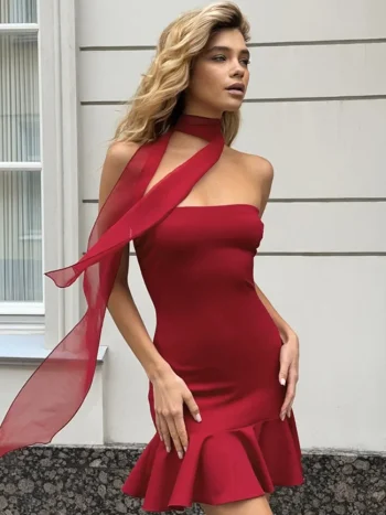 XIAOTANG Halter Off-shoulder Strapless Sexy Mini Dress Women Fashion Scarf Collar Backless Sleeveless Ruffle Club Party Dresses