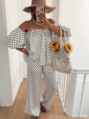 Casual Polka Dot Pant Outfits Women Elegant Half Sleeve Pleated Off Shoulder Strapless Top Suits 2025 Lady Walk Street Wear New