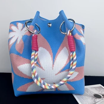 2025 New Women's Vintage Floral Knit Tote Bag - Lightweight Polyester with Adjustable Woven Shoulder Straps & Metal Rings