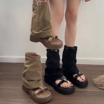 2024 spring and summer new sandals female thick bottom heightening pants tube boots niche clip-on retro sandal boots short boots