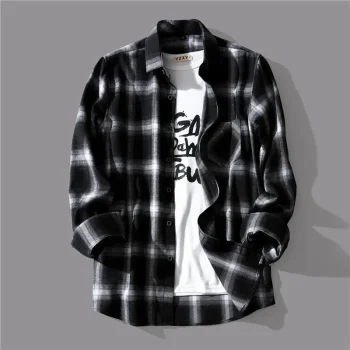 Trendy Black White Plaid Shirt Men's Korean Style Loose Fit Casual Long Sleeve Top Jacket For Summer Autumn
