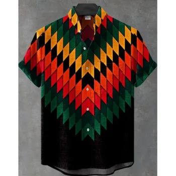 New Men's Linen Short Sleeved Shirt With Floral Cherry Blossom Art And Casual Short Sleeved Shirt Printed Checked Shirt