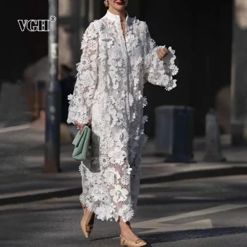 VGH Designer Spliced Appliques Solid Loose Dresses For Women Stand Collar Long Sleeve High Wasit Elegant Dress Female Fashion