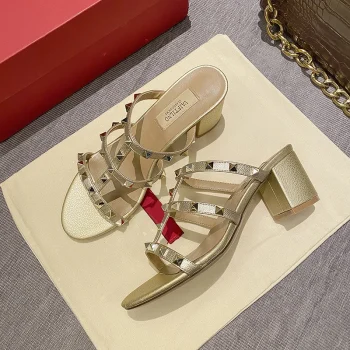 Women's sandals Gladiator summer 2025 luxury Brand Designer Heeled slipper Leather Silver Rivets High Heels Ladies shoes Women