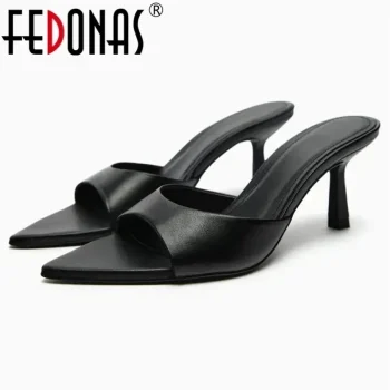 FEDONAS Women Genuine Leather High Heels Sandals Sexy Pointed Open Toe Party Wedding Summer Shoes Woman Soft Leather Prom Pumps