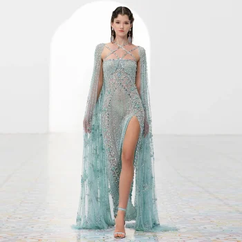 Sharon Said Luxury Dubai Aqua Lilac Mermaid Evening Dress with Cape Sleeve Criss Cross Women Wedding Party Gown SS391 Customized