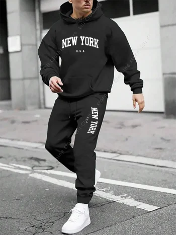 NEW YORK Men Sets Hoodies and Pants 2 Piece Sets Fleece Fashion Autumn Winter Jogging Fitness Gym Sportswear Men's Tracksuit