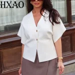 HXAO Women's Knitted Outerwear 2024 Spring Autumn Elegant Short Sleeve Jacket Coat Ladies Fashion Casual White Sweater Coat