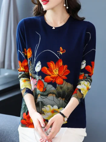Print Women's Sweaters Spring Autumn Korean Fashion Pullover Long Sleeve Top Femme Soft O Neck Knitted Slim Sweater