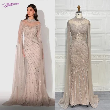 Luxury Saudi Arabia Mermaid Beaded Cape Sleeves High-Neck Evening Dresses 2025 Dubai Party Gowns for Women Wedding Customized