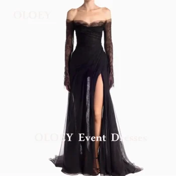 OLOEY Sexy Black Prom Dresses Off Shoulder Full Sleeves Wedding Party Gowns Illusion Sweetheart Neck Side Slit Customized