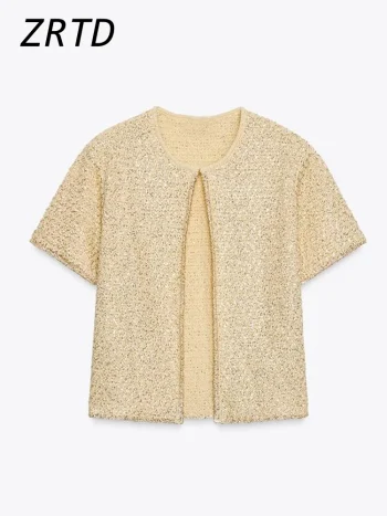 Sexy Women's Knit Sequined Sling Vest Y2k O-neck Sleeveless Female Crop Tops 2025 Summer Lady Elegant Chic Orange Knitwear