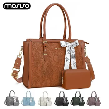 MOISISO 15.6 inch Women's Bag Large Capacity Waterproof PU Leather Tote Bag for Computer Laptop Shoulder Bag Bussiness Office