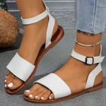 Plus Size 36-43 New Round Head Leather Sandals Women Shoes Solid Color Casual Comfortable Flat Summer Beach Shoes