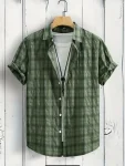 Men's summer casual all-match shirt, retro plaid pattern, polyester breathable fabric, fashionable men's tops
