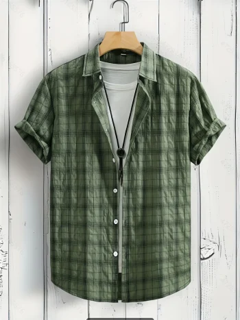 Men's summer casual all-match shirt, retro plaid pattern, polyester breathable fabric, fashionable men's tops