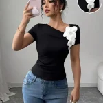 European and American High-end Flower Short Sleeved T-shirt Summer Design New Style Slim Fit Fashionable and Chic Top