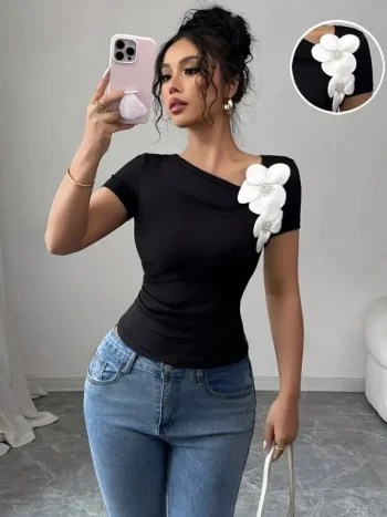 European and American High-end Flower Short Sleeved T-shirt Summer Design New Style Slim Fit Fashionable and Chic Top