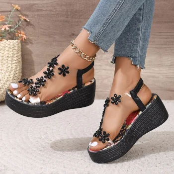 2025 summer new fashion casual net red all fashion wedges flower rhinestone fairy seaside beach shoes sandals