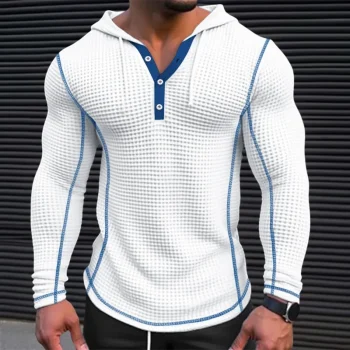 Men Hoodies Sweatshirts Button V Neck Full Sleeve Plaid T Shirt Top Sweatshirt Splice Drawstring Casual Tops Autumn Winter