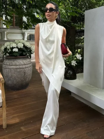 White Satin Irregular Hem Vest Sets Women Sleeveless Pleated High Waist Wide Leg Pants Suit Lady 2025 Summer Commute New Outfits