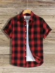Red And Black Plaid Shirt Men Shirts 2025 New Summer Fashion Mens Checkered Casual Shirts Short Sleeve Shirt Button Men Blouse