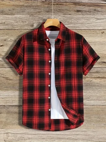 Red And Black Plaid Shirt Men Shirts 2025 New Summer Fashion Mens Checkered Casual Shirts Short Sleeve Shirt Button Men Blouse