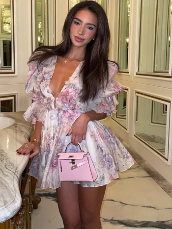 Sexy Flare Sleeve V Neck Printed Mini Dress Fashion Pleated A-line High Waist Gown New Lady Summer Evening Party Club Vestidos