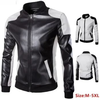 Men's Leather Jacket Windproof Breath Colorblock PU Leather Coats Fashion Casual Sports Men Motorcycle Jacket Plus Size 5XL