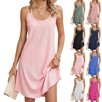 New Women's Solid Color Round Neck Suspender Loose Sleeveless Dress Fashion Summer Sexy Backless Beach Vacation Short Dress 2025