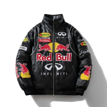 Red Bull Embroidered Leather Coat Motorcycle Stand Up Collar Riding Coat Autumn/Winter Leather Jacket Motorcycle Trend