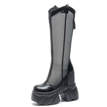 Hot Quality 11CM Air Mesh Ankle Boots Microfiber Leather Summer Fashion Shoes Knee High Boots Platform Wedge Flats Sandals Women