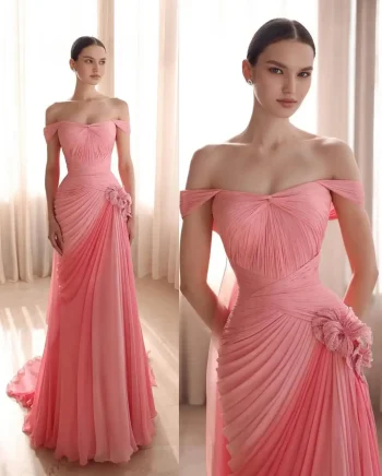 New Designer Wear Elegant Pink Off The Shoulder Evening Dress With Pleats Luxury Fashion Slim Mermaid Dress With 3D Flower