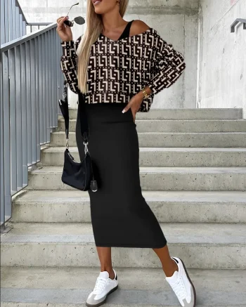 Autumn And Winter New Fashion Women's Printed Bat Sleeve Top T-shirt Sexy Slim Fit V-Neck Sleeveless Long Dresses 2 Piece Set